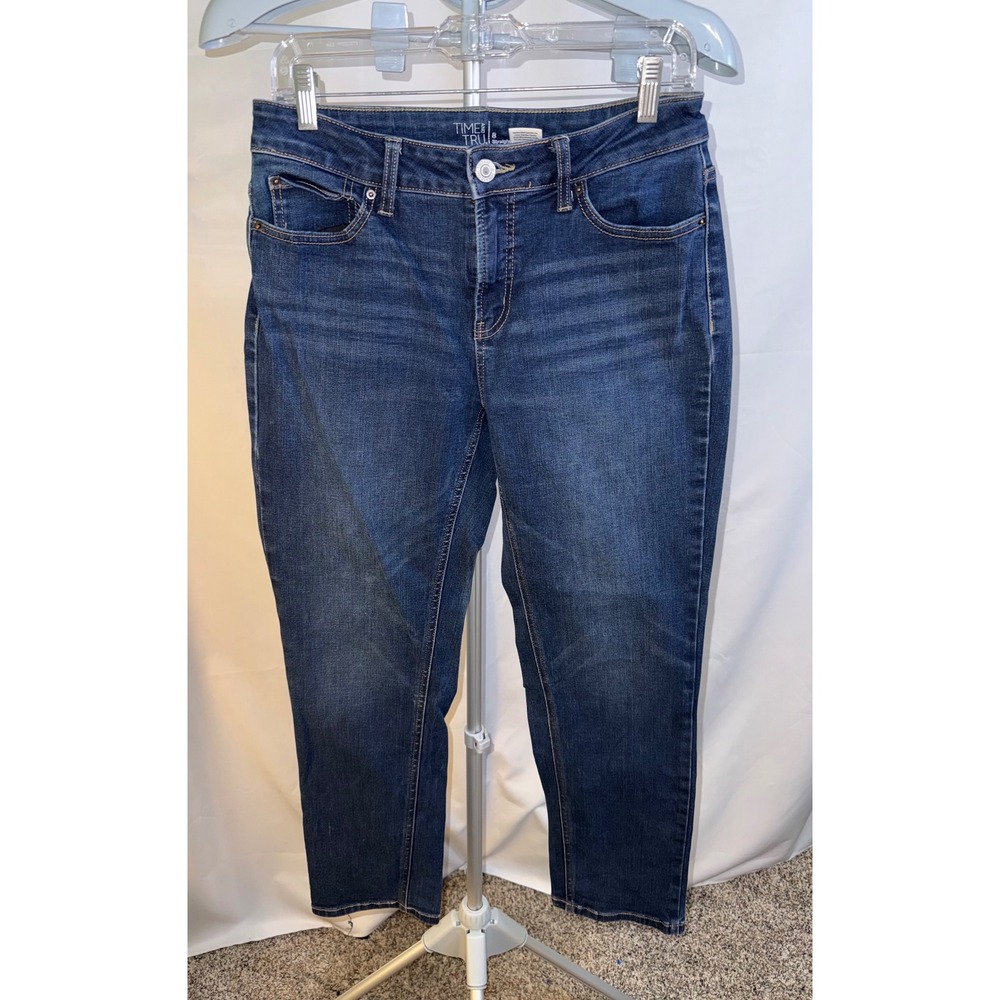 Time and Tru Womens Straight Leg Jeans Dark Wash Blue Denim Stretch Size 8